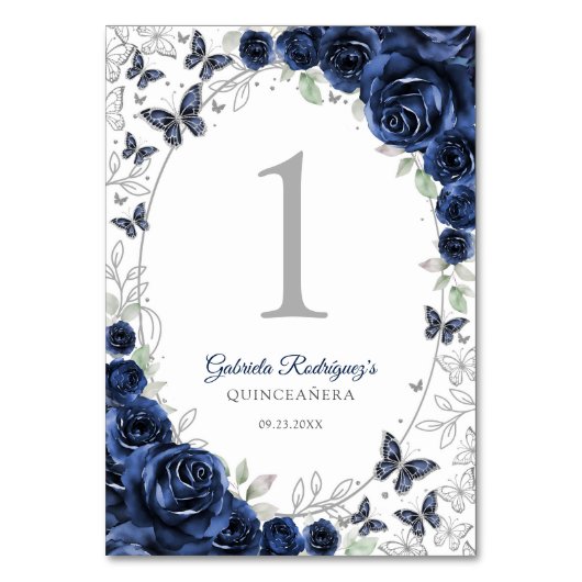 Navy Silber Blumen Quinceanera Tischnummer (Vorderseite)
