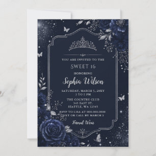 Navy Silber Blumen Schmetterling Sweet 16 Einladung