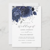 Navy Silber Blumenrose Hochzeit Einladung (Vorderseite)