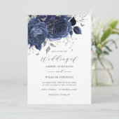 Navy Silber Blumenrose Hochzeit Einladung (Stehend Vorderseite)