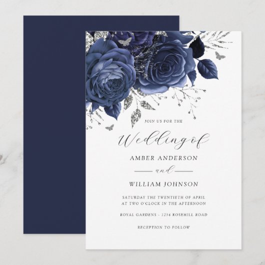 Navy Silber Blumenrose Hochzeit Einladung (Vorne/Hinten)