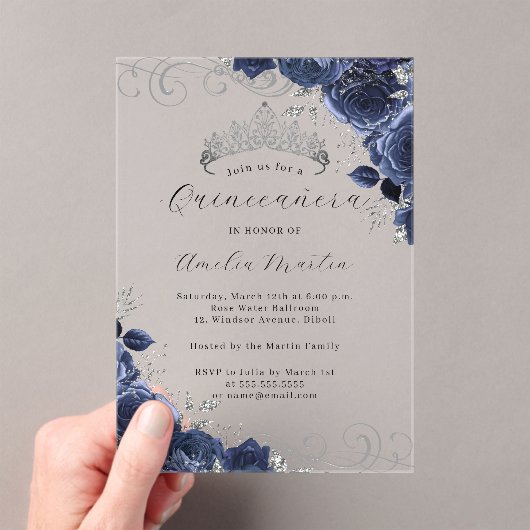 Navy Silber Clear Acrylic Floral Quinceanera Acryleinladungen (Insitu (Handheld))