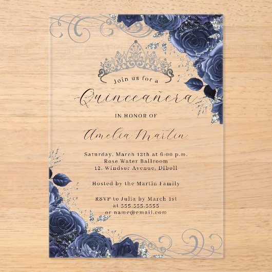 Navy Silber Clear Acrylic Floral Quinceanera Acryleinladungen (Vorderseite)