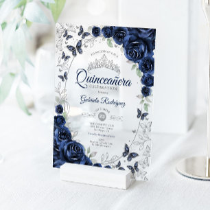Navy Silber Floral Quinceanera Acryleinladungen