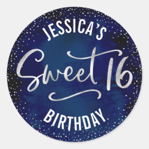 Navy Silber Glitter Sweet 16 Wasserfarben Geburtst Runder Aufkleber