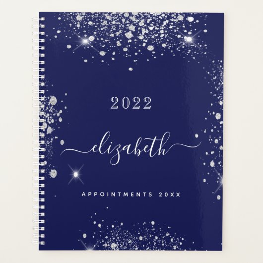 Navy-Silber-Glitzer-Monogramm-Skript 2024 Planer (Vorderseite)