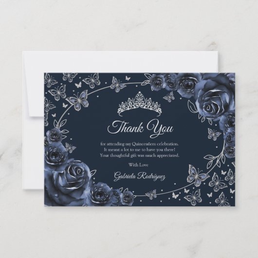 Navy Silber Quinceanera Dankeskarte (Vorderseite)