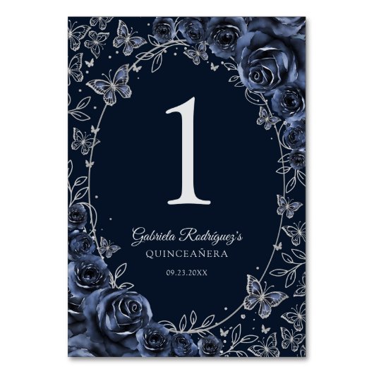 Navy Silber Quinceanera Tischnummer (Vorderseite)