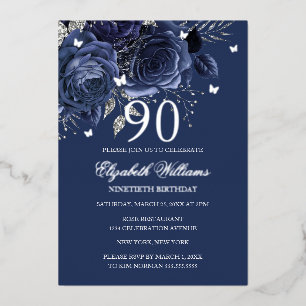 Navy Silber-Rosen-Schmetterling 90. Geburtstag  Folieneinladung