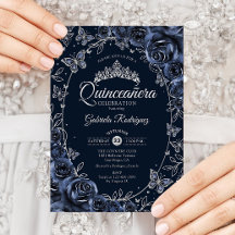 Navy Silber Schmetterlinge Rosen Quinceanera