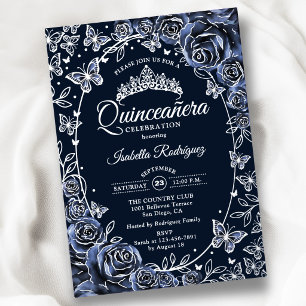 Navy Silber Schmetterlinge Rosen Quinceanera Folieneinladung