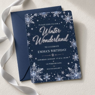 Navy Silber-Schneeflocken-Winter-Wunderland-Geburt Einladung