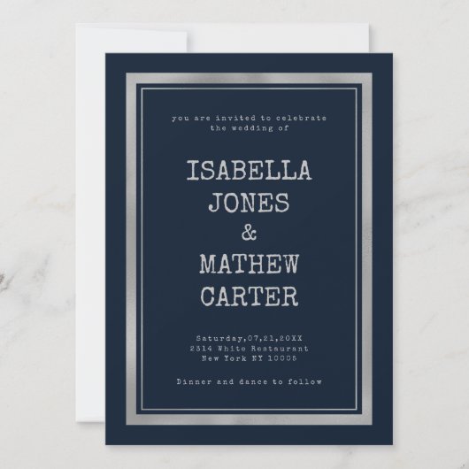 Navy-Silber Schreibmaschine Schriftart rustikale H Einladung (Vorderseite)