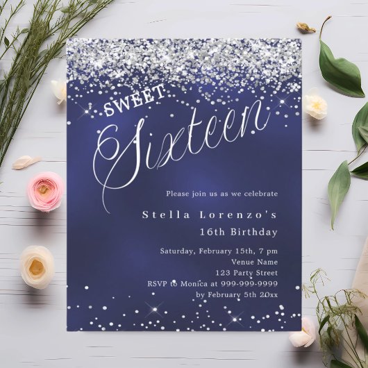 Navy Silber Script Sweet 16 Einladung