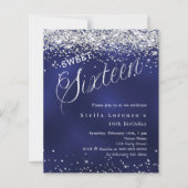 Navy Silber Script Sweet 16 Einladung (Vorderseite)