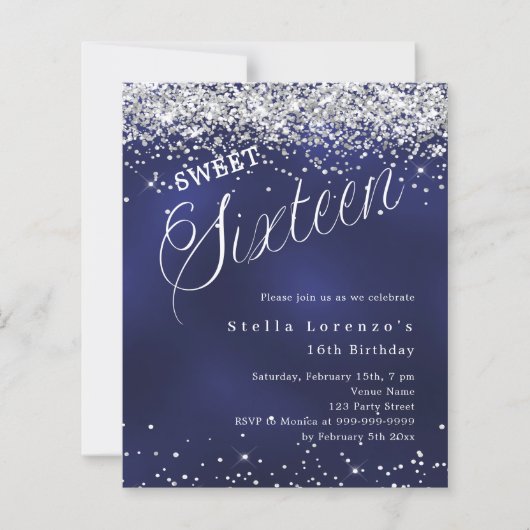 Navy Silber Script Sweet 16 Einladung (Vorderseite)