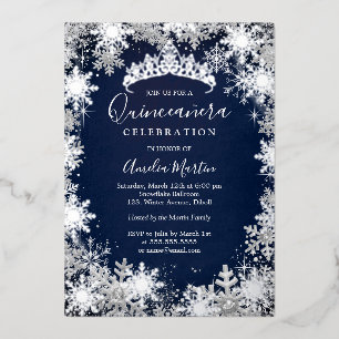 Navy Silber Winter Schneeflocke Quinceanera Folieneinladung