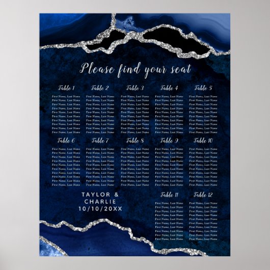 Navy Silver Agate Wedding Seating Chart 12 Table Poster (Vorne)