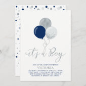 Navy & Silver Balloons | Es ist eine Baby-Dusche Einladung (Vorne/Hinten)