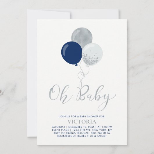Navy & Silver Balloons | Oh Baby Boy Baby Dusche Einladung (Vorderseite)