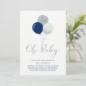 Navy & Silver Balloons | Oh Baby Boy Baby Dusche Einladung (Stehend Vorderseite)