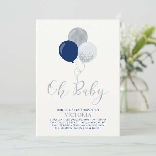 Navy & Silver Balloons | Oh Baby Boy Baby Dusche Einladung (Stehend Vorderseite)