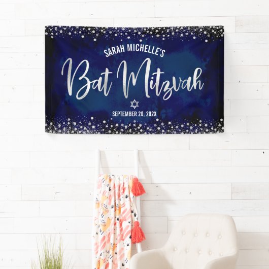 Navy Silver Bat Mitzvah Modern Foil Glitzern Scrip Banner (Insitu)