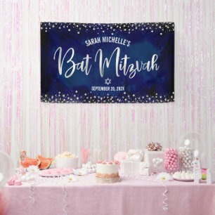 Navy Silver Bat Mitzvah Modern Foil Glitzern Scrip Banner