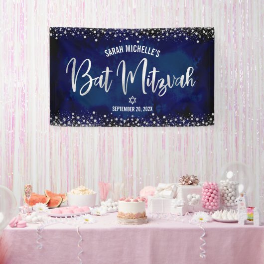 Navy Silver Bat Mitzvah Modern Foil Glitzern Scrip Banner (Party)