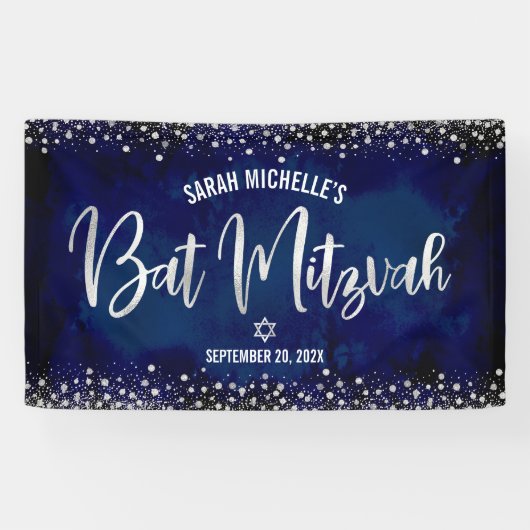 Navy Silver Bat Mitzvah Modern Foil Glitzern Scrip Banner (Horizontal)
