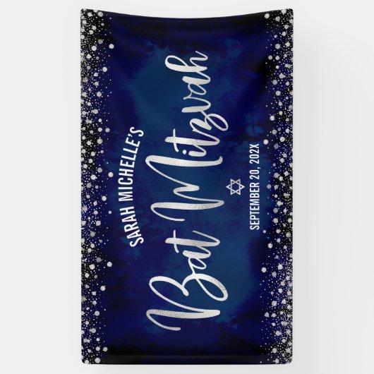 Navy Silver Bat Mitzvah Modern Foil Glitzern Scrip Banner (Vertikal)
