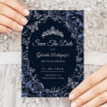 Navy Silver Butterflies Roses Quinceanera Save The Date<br><div class="desc">Navy Blue and silver Quinceanera celebration Save The Date card. Features,  script font,  butterflies,  watercolor roses and tiara. Perfect for an elegant princess style glam celebration. Personalize with your own details. Printed Zazzle cards or instant download digital printable template.</div>
