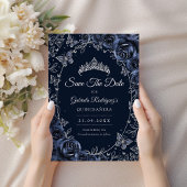 Navy Silver Butterflies Roses Quinceanera Save The Date