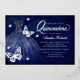 Navy Silver Butterfly Dress Quinceanera Folieneinladung
