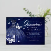 Navy Silver Butterfly Dress Quinceanera Folieneinladung (Stehend vorne)