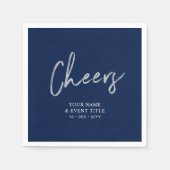Navy Silver Cheers Brush Script Party Feiern Serviette (Vorderseite)
