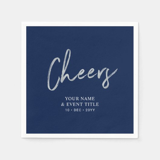 Navy Silver Cheers Brush Script Party Feiern Serviette (Vorderseite)