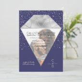 Navy Silver Diamond Confetti Glitzer Foto Wedding Einladung (Stehend Vorderseite)