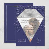 Navy Silver Diamond Confetti Glitzer Foto Wedding Einladung (Vorne/Hinten)