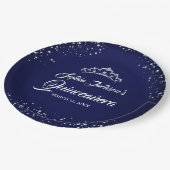 Navy Silver Diamond Sparkle Gown Quinceanera Pappteller (Schrägansicht)