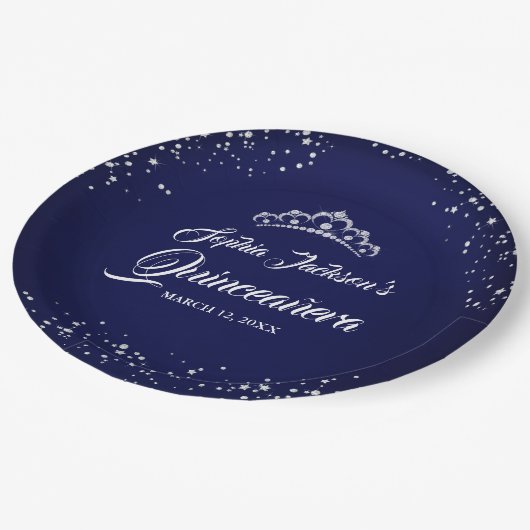 Navy Silver Diamond Sparkle Gown Quinceanera Pappteller (Schrägansicht)