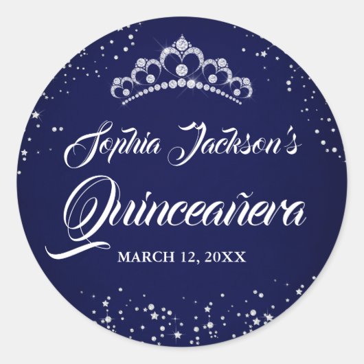 Navy Silver Diamond Sparkle Tiara Quinceanera Runder Aufkleber (Vorderseite)