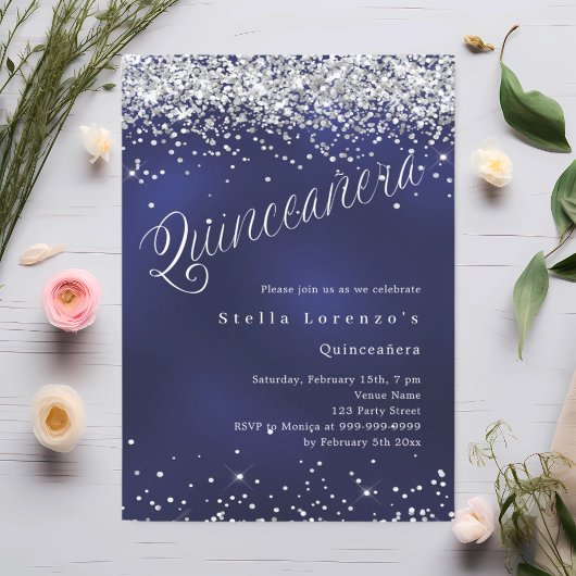 Navy Silver Drehbuch elegant Quinceanera Einladung