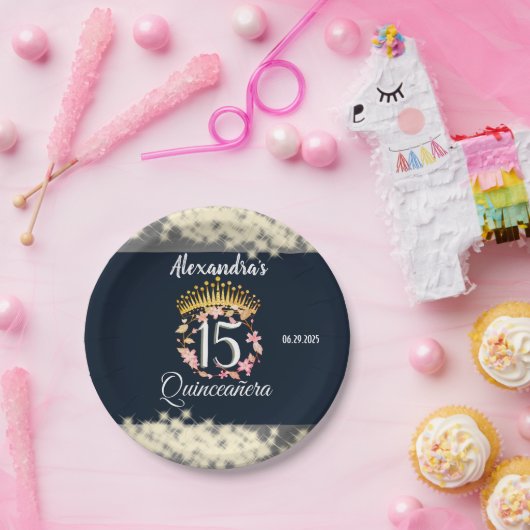 Navy Silver Elegant Quinceanera Feier Pappteller (Party)