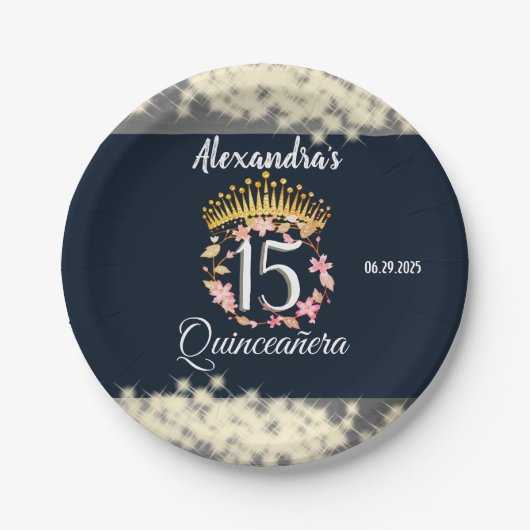 Navy Silver Elegant Quinceanera Feier Pappteller (Vorderseite)