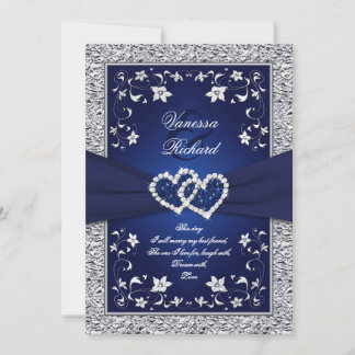 Navy Silver Floral Hearts IMITATE Hochzeitsreise e Einladung