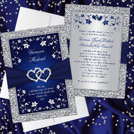 Navy Silver Floral Hearts IMITATE Hochzeitsreise e Einladung