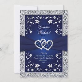 Navy Silver Floral Hearts IMITATE Hochzeitsreise e Einladung
