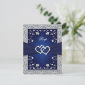 Navy Silver Floral Hearts IMITATS Foil Wedding RSV RSVP Karte (Stehend Vorderseite)