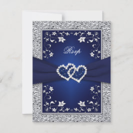 Navy Silver Floral Hearts IMITATS Foil Wedding RSV RSVP Karte